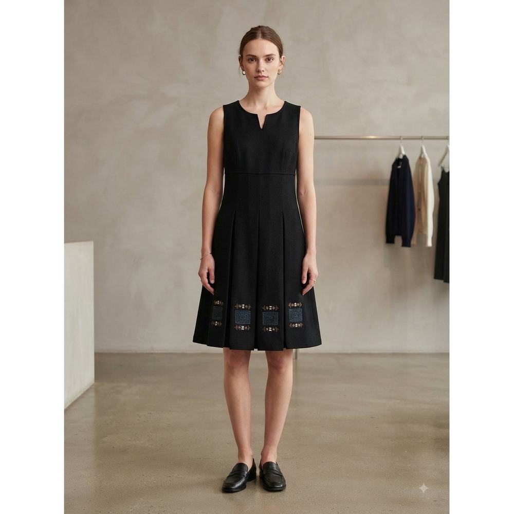 Hua Birch Black Wool Blend Embroidered Pleated Sleeveless Dress Size 165/92